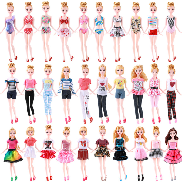 30 stycken 11-tums fashionabla klänningar, kjolar, byxor, baddräkter, kläder för Barbiedockor, slumpmässiga stilar