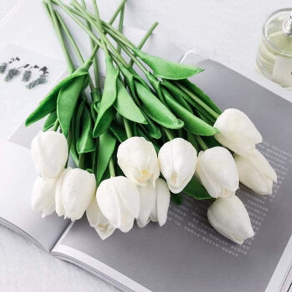 10 stk gule kunstige blomster Real Touch kunstige tulipaner Latex falske tulipaner for innendørs bord bad bursdag rom White