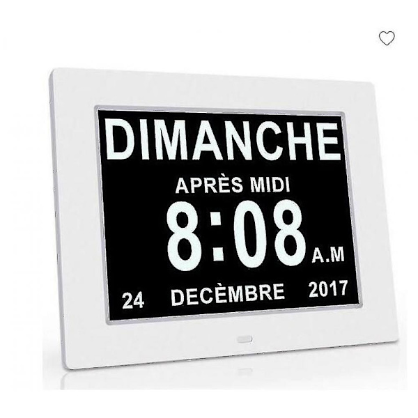 Ur med kalender med dato, dag, tid, stor automatisk dæmpning, alarm til seniorer - Alzheimers og børn White
