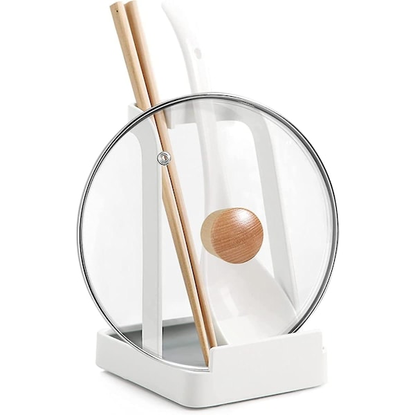 Gryde- og skeholder i stål - Multifunktionel bakke til grydelåg, kogegrej, spatel, skærebræt, tablet og opskrifter White