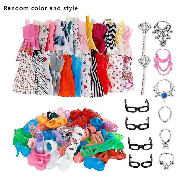 32 föremål/ set Docktillbehör=10 st Dockkläder Klänning+4 glasögon+6 plasthalsband+2 handväska+10 par skor till barbiedocka