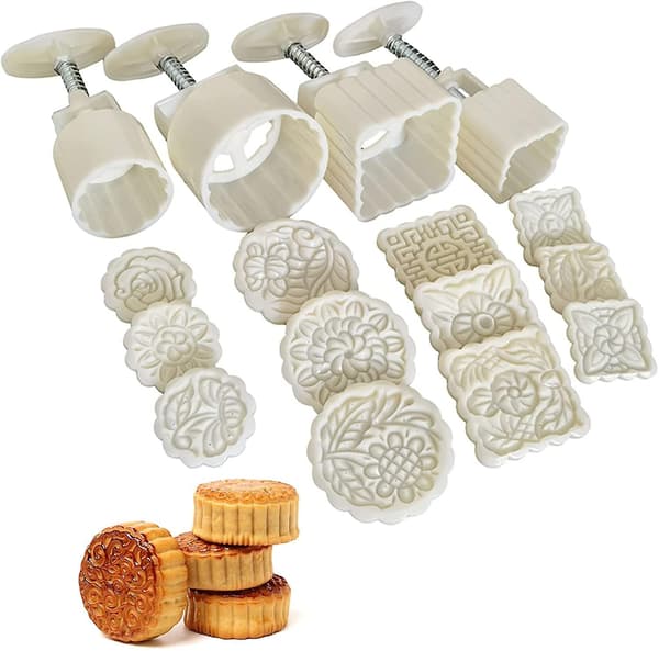 Månekakeform Presser, 4 stk. Bakeform Håndpressesett Med 12 stk. Former Til Baking Kaker Kjeks Desserter