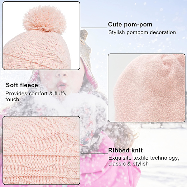 Barnens vintermössa, handskar, halsduk, öronlappsmössa, stickad mössa, halsvärmare för babyflickor pojkar Pink L