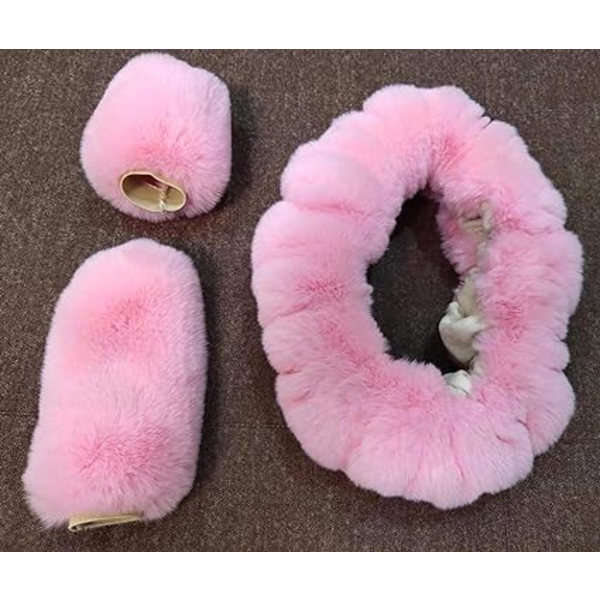 Tykk kunstig pels vinter varm og fluffy bilrattdeksel+girdeksel+håndbrekkdeksel-3 deler/sett rosa