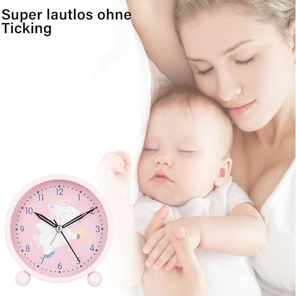 Barn Analog Klocka Pojke Flicka Larmklocka, Tyst Icke-Tickande Larmklocka, Snooze Sängbordslarmklocka, Lätt att Ställa in och Batteridriven Rosa Enhörning