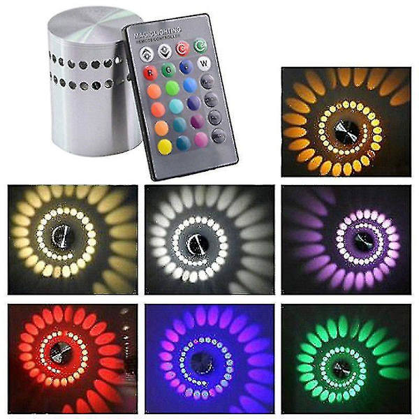 Rgb Spiral Led Væglampe 3w Fjernbetjening Hul Overflademontering Dæmpbar Farverig Lysarmatur Belysning