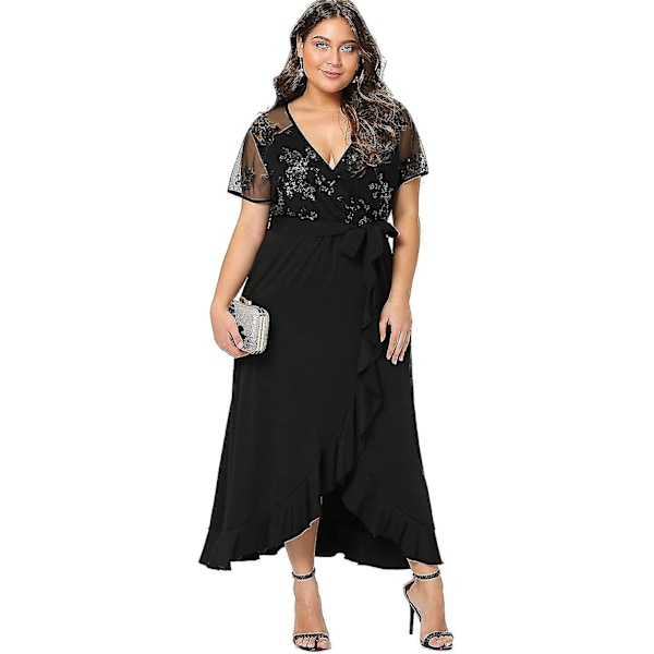 Plus Size Empire Midje Maxi Kjole Ruffle Split Semi Sheer Ensfargede Kjoler