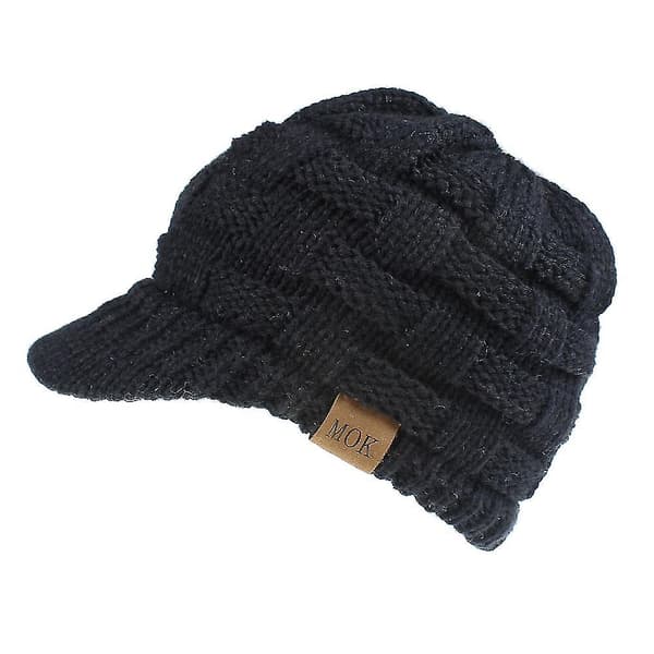 Beanie Tail Vinter Varma Stickad Messy Hög Bun Ponytail Mössor Visor Beanie Cap Black