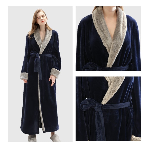 Women's Bathrobe Autumn and Winter Yupao Embroidered LOGO Beauty Salon SPA Sweat Shop Pajamas Nightgown, Navy Blue, L