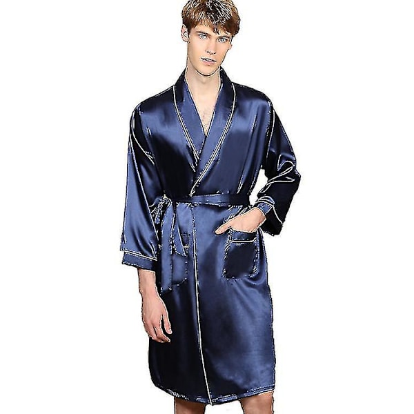 Herre Pyjamas Langærmet Badekåbe Herre Morgenkåbe Silke Lang Pyjamas Badekåbe Med Shorts Loungewear, Blå, L