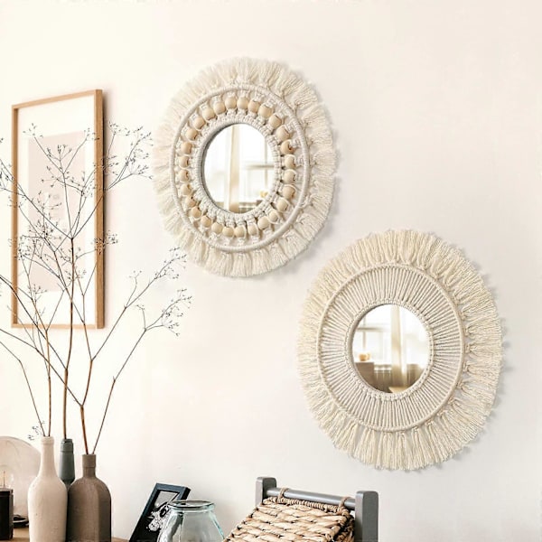 Hengende Veggspeil - Boho Makrame Frynser Rundt Dekorativt Speil, Kunst Ornament for Leilighet Hjem Soverom Stue
