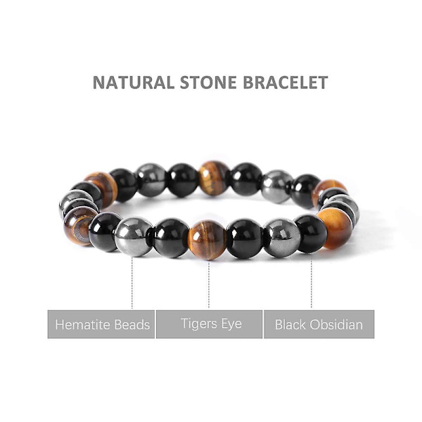 Perler Armbånd Triple Beskyttelse, 2 Pak 8 Mm Tigers Eye Armbånd Hematit Perler & Sort Obsidian Balance Armbånd