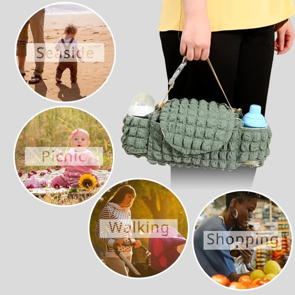 Babyvagn blöjvagnsväska organizer, med mugghållare, redo att förvara baby, med ficka, halkfri vagnkrok och justerbart bälte, grå