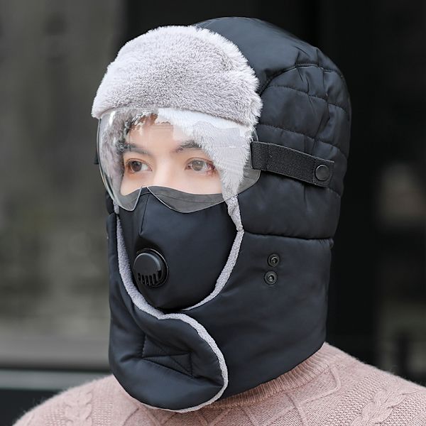 Vinter varm och tjockad Lei Feng hatt för män och kvinnor utomhus cykling glasögon mask huva hatt vindtät skid bomull hatt svart