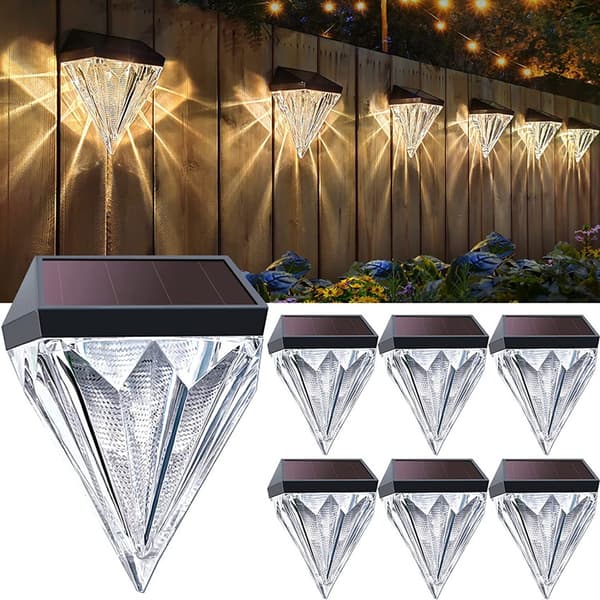 6-delt solcelled diamant gjerdelys gjerdelys utendørs gjerdevegglys LED krystall diamant trappetrinnlys