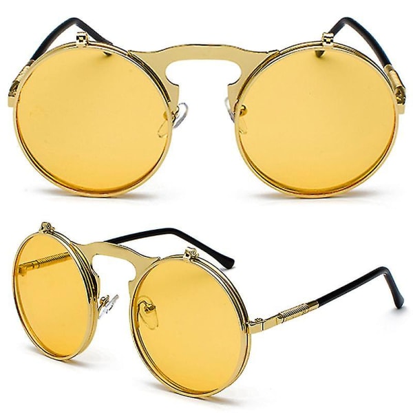 Miesten unisex -aurinkolasit Flip Up Lens Pyöreät silmälasit Gold Frame Yellow Lenses