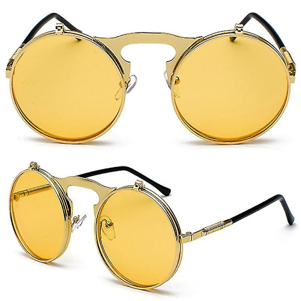 Miesten unisex-aurinkolasit, käännettävät linssit, pyöreät silmälasit Gold Frame Yellow Lenses