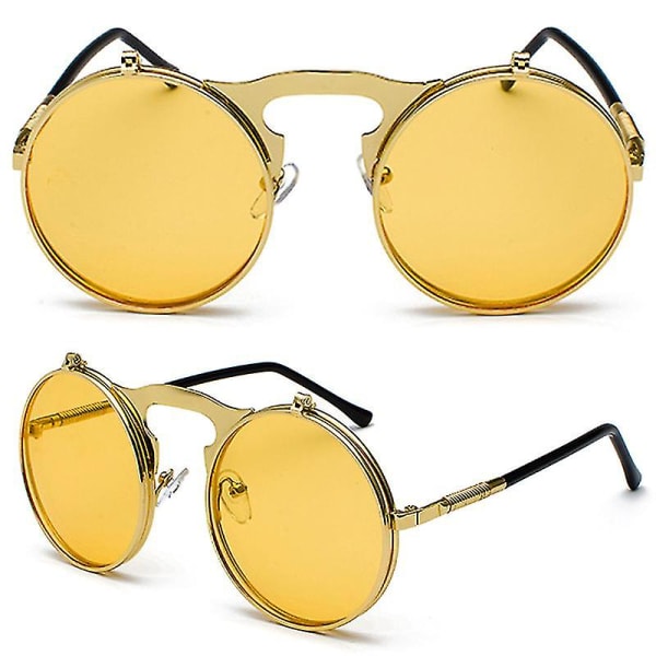 Unisex solbriller for menn med runde øyeglass med oppfellbare linser Gold Frame Yellow Lenses