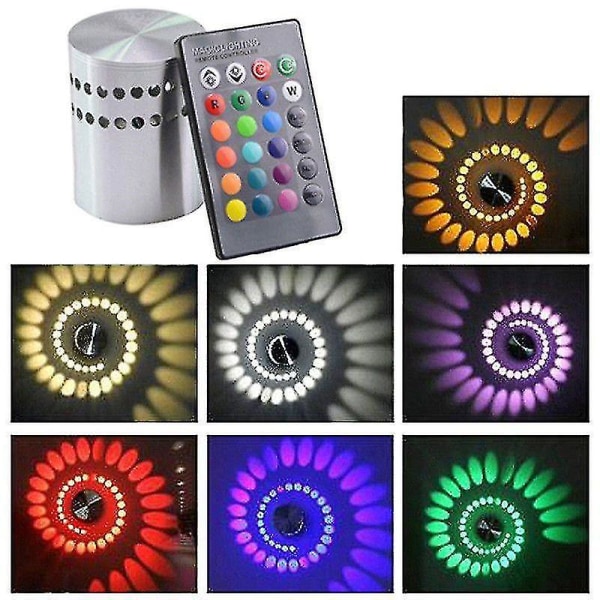 Rgb Spiral Led Væglampe 3w Fjernbetjening Hul Overflademontering Dæmpbar Farverig Lysarmatur Belysning