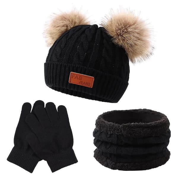 Barn Vintermössa Halsduk Vantar Set Stickad Varm Småbarn Vintermössa Vantar Halsvärmare Black