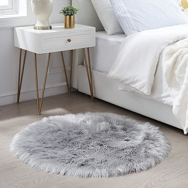 Hequn syntetisk saueskinn, behagelig følelse som ekte ull imitert pels teppe, imitert luksus ull sofa pute sete pute rund grå, 60x60 cm