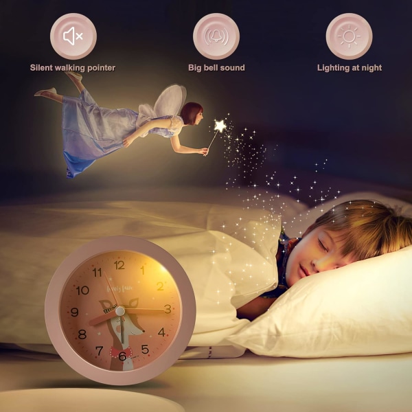 Children's Alarm Clock Non Ticking, Noisy Travel Alarm Clock Desktop Clock with Double Lighted Bells for Kids Rooms Pink