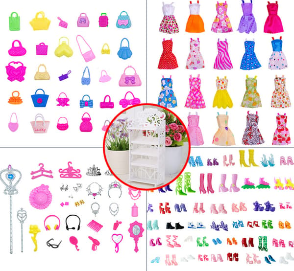 131 stykker 30cm Barbie dukke tilbehør, skiftende sko, tasker, tøj, halskæder og tøj sæt