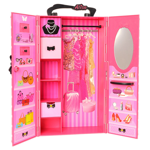 Pigehjem Makeup Legetøj Dress Up Prinsesse Dukke Multifunktionel Garderobe Pink Bærbar Garderobe Dukke Tilbehør