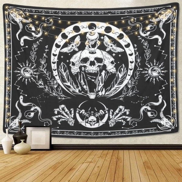 Dödskalle Skelett Väggbonad Svartvit Orm Mal Tapestry Mandala Tapestry Måne Vägg Hängande Mal, L / 150x200cm