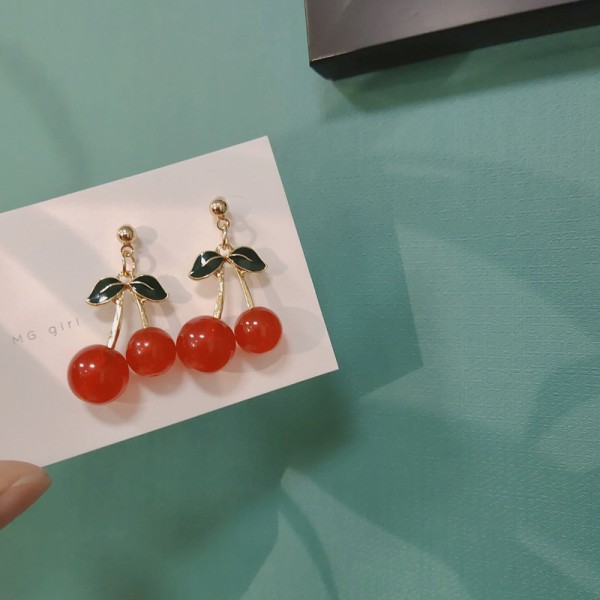 S925 Silver Needle Cherry Glass Fruit Earrings Double Red Leaf Earrings Simple Cute Earrings