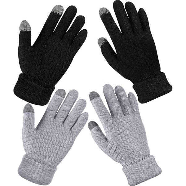 2 par pekskärmshandskar för kvinnor, varma fleecefodrade stickade handskar Elastisk manschett Vintertexthandskar Svart+Grå