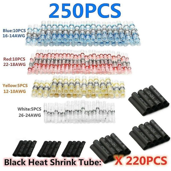 250 Pcs Solder Seal Wire Connectors Kit Heat Shrink Sleeve Waterproof Heat Shrink Butt Insulated Electrical Wire Terminals