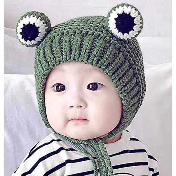 Stickad mössa för barn Söt groda Tecknad vintervärmare cap med stora ögon för baby flickor