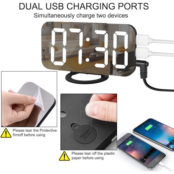 Digitalt vækkeur, 6,5\" stor skærm LED spejl vækkeur med dæmpningsfunktion, justerbar lysstyrke, 2 USB-opladnings porte, sort