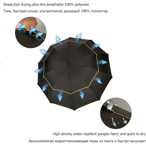 Svart - Extra stort golfparaply kompakt överdimensionerat vattentätt hopfällbart paraply, dubbla baldakiner ventilerade vattentäta paraplyer för kvinnor och män