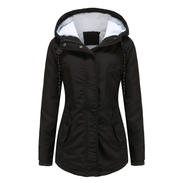 Varm vinterjacka med Sherpa-foder för kvinnor, tjock parkas med huva Black M