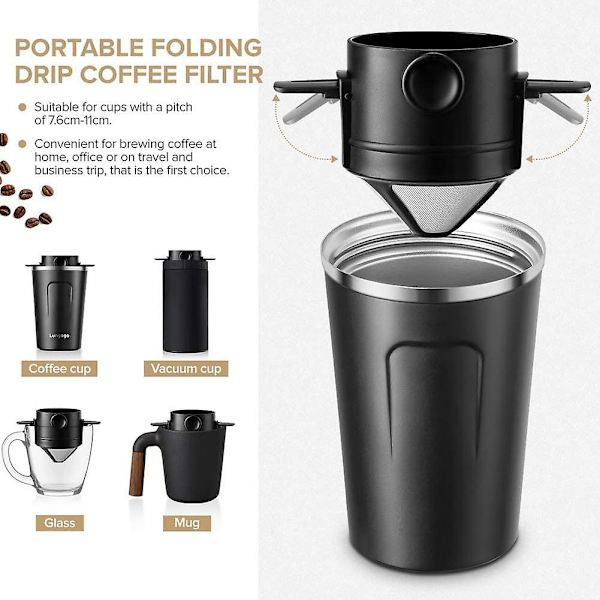 Gjenbrukbar kaffefilter i rustfritt stål, sammenleggbar camping kaffefilter