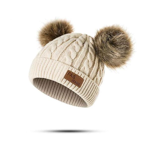 Toddler Woolen Hat Winter Twist Double Pom Pom Knitted Beanies Cap Mörkrosa Beige