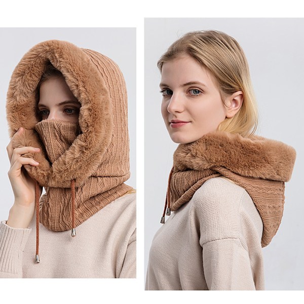 Dame Vinter En-Stykke Løs Uld Hue Halstørklæde Maske Snørebånd Varm Sweater Hætte Strikket Hue Grå