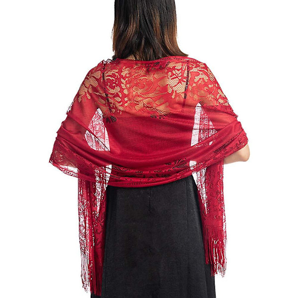 Ladiery Dam Floral Spets Sjal Med Tofs, Mjuk Mesh Frans Wraps Wine Red