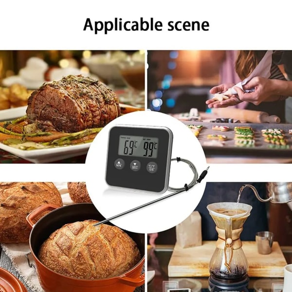 Elektronisk digital LCD mattermometer Sond BBQ Kött Tillagningstemperatur Tillagningstemperatur Kökslarm Tillagningstimer, svart