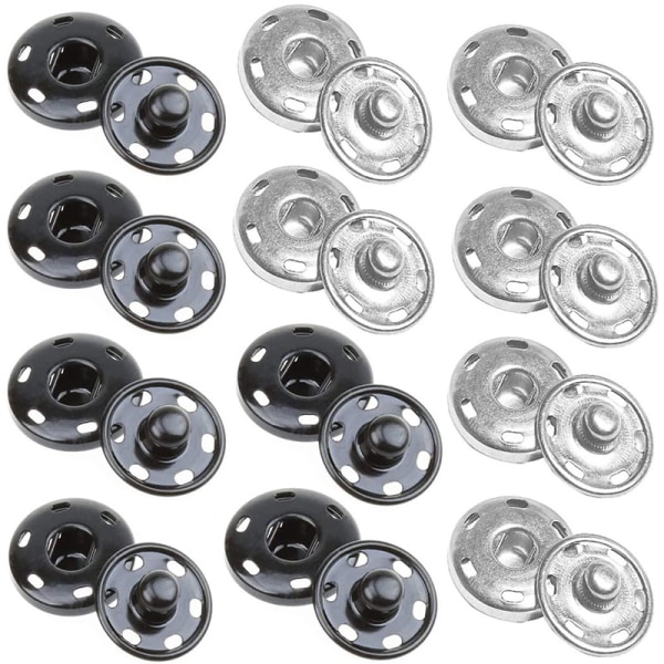 12 sett trykknapper for søm, trykknapper for søm, DIY trykknapper, metalltrykknapper, sølv, svart, for håndverk, klær, veske, håndveske (15 mm)