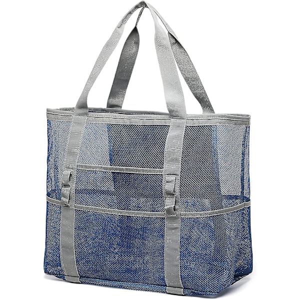 Strandtaske, F-farvet mesh strandtaske Oversized strandtote 9 lommer Strandlegetøjspose blue