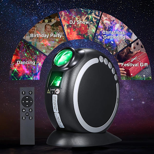 LED laser stemningslampe, projektorlampe, natlampe, musiklampe, farve dekorationslampe, stjernehimmellampe, LED lampe, RGB gaming lampe, sort
