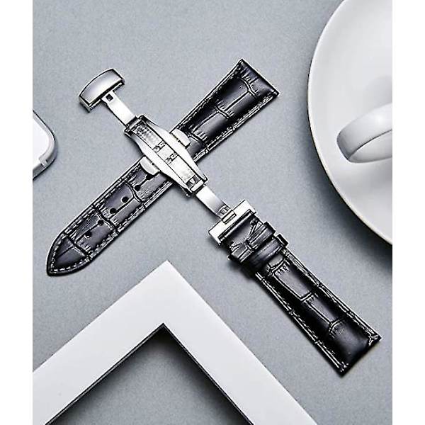 Läderklockarmband Ersättning Alligator Rem För Män Kvinnor Med Silver Fjärils Deployment Spänne 19mm Black