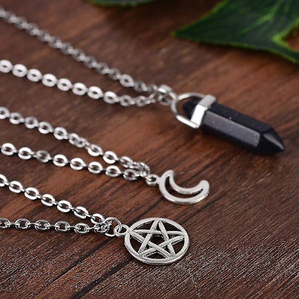 Mån Pentagram Halsband Pentakel Kristall Chakra Halsband Berlock Hänge Multilager Legering Kedja