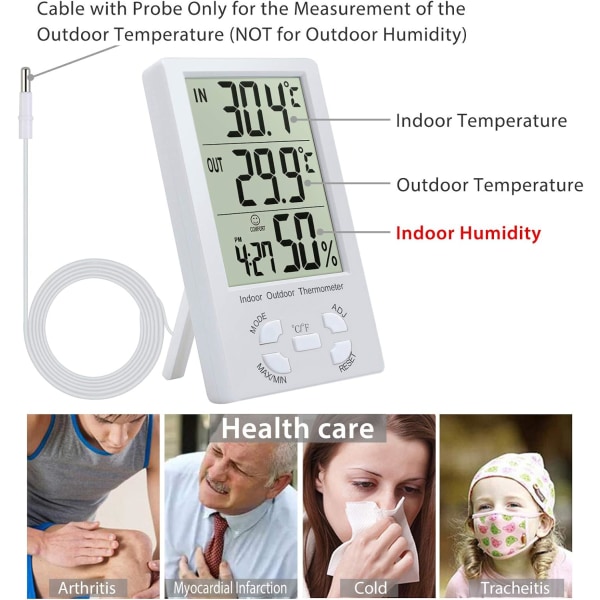 Digitalt hygrometer termometer, LCD digitalt termometer med probe, indendørs og udendørs hygrometer, køleskabstester sensor