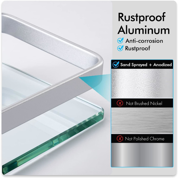 Badrumsglashylla Aluminium Härdat glas 8MM Extra tjockt 1 stycke rektangulärt 1 lager organizer väggmonterad silver