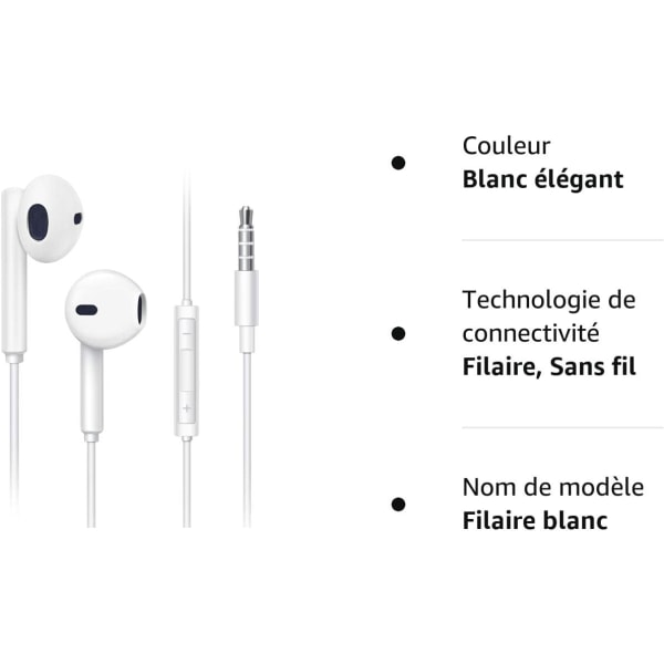 Hörlurar, Android MP3 etc. Elegant vit, trådbundna hörlurar med mikrofon och volymkontroll, stereo brusreducerande in-ear-hörlurar, Universal 3.5