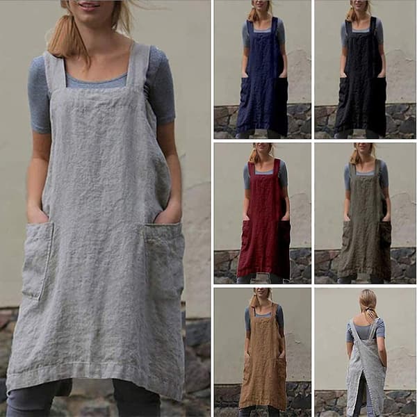 Løs hjemmekjole i bomull og lin for kvinner, kryssrygg forklekjole Grey 5XL